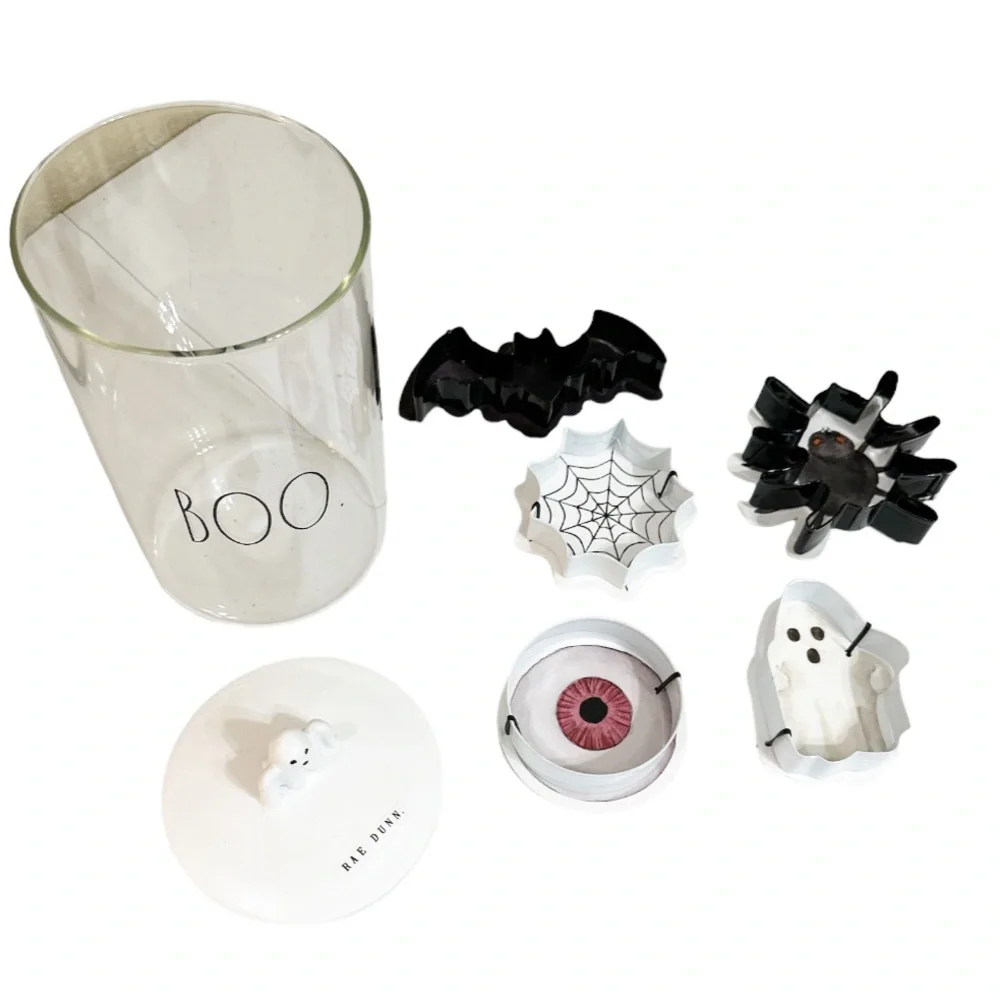 NEW Rae Dunn BOO Clear Canister with 5-Piece Halloween Cookie Cutters Set 👻🎃👻